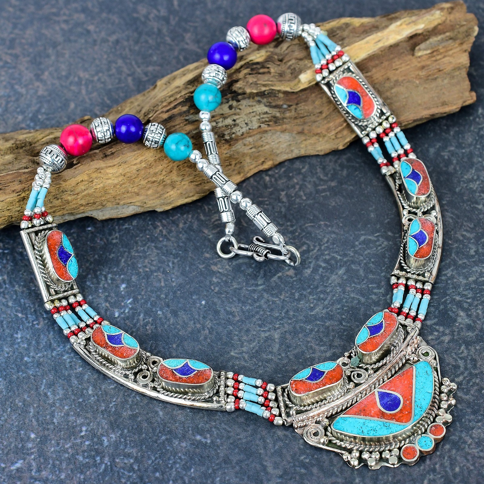Turquoise & Coral Gemstone Handmade 925 Sterling Silver Nepali Jewelry Necklace