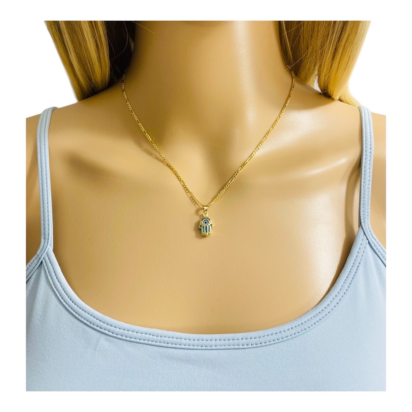14K SOLID GOLD HAMSA BLUE EVIL EYE PENDANT/14K ORO PURO DIJE DE MANO Y OJO-17mm