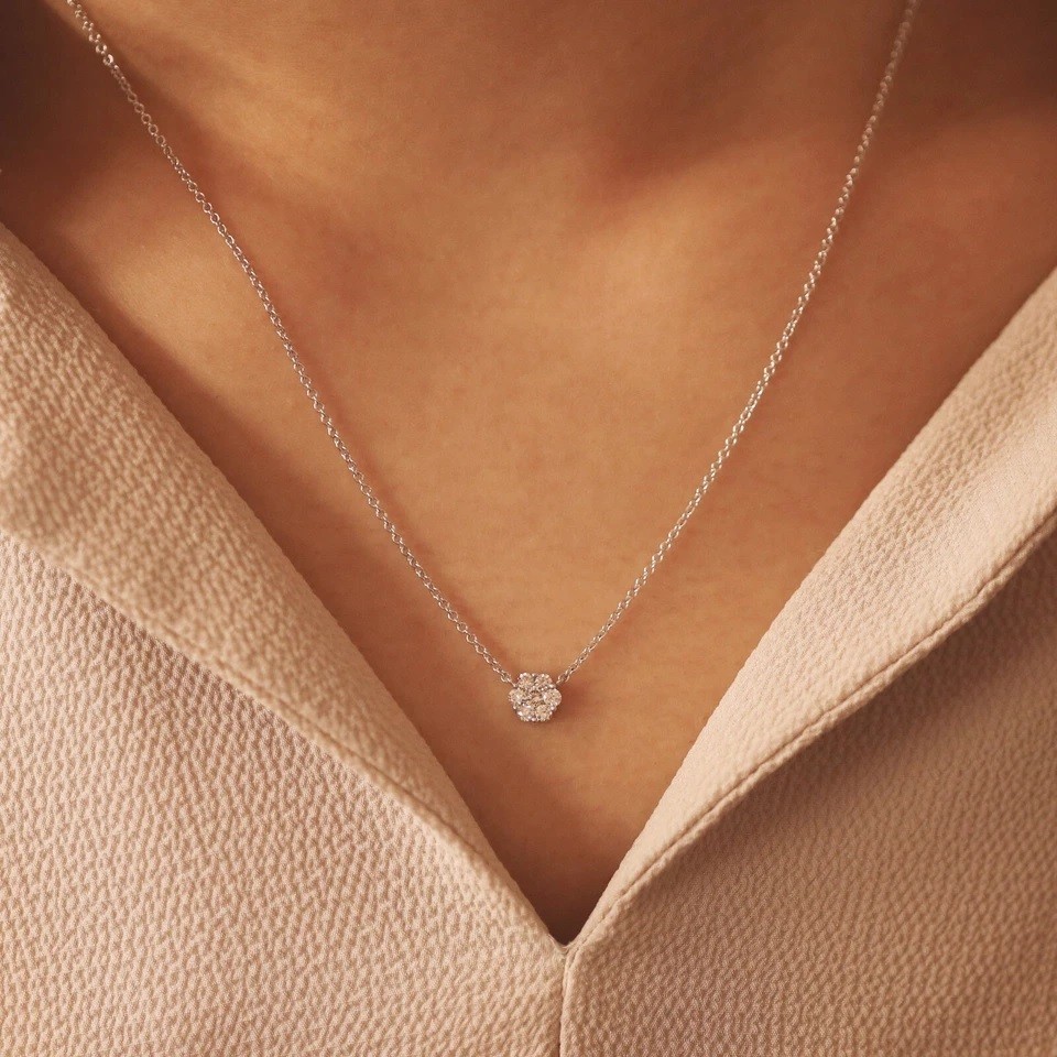 14K White Gold Halo Pendant Lab Grown Round 0.10CT Diamond Anniversary Gift