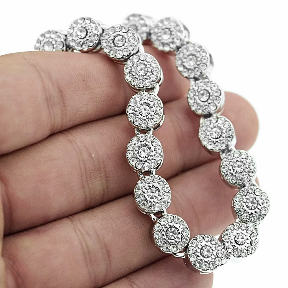 Men’s Flower Cluster Hip Hop Chain CZ Iced Bling Out One Row Silver Tone 36″