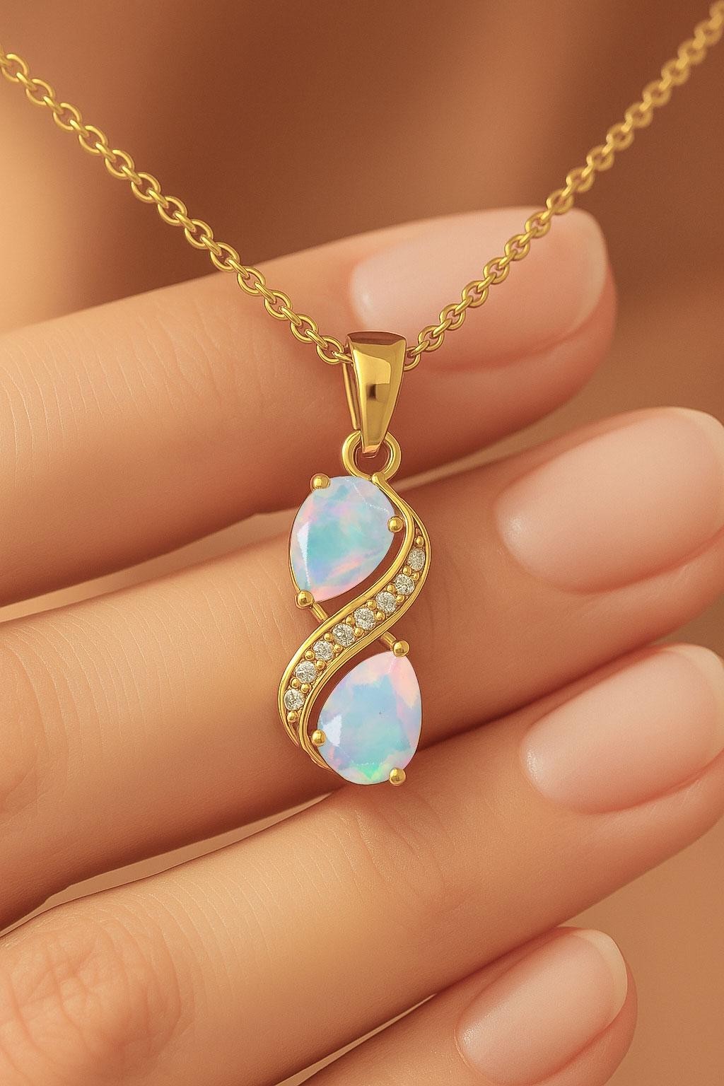 Multifire White Opal Gemstone Charm Gold Pendant, Ethiopian Opal Chain Pendant