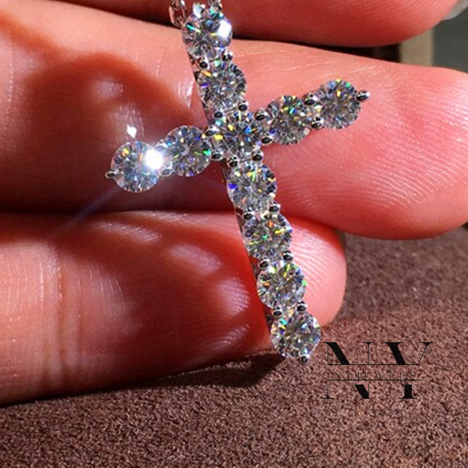 3 CT Round Brilliant Cut Moissanite Cross Wedding Pendant Solid 14K White Gold