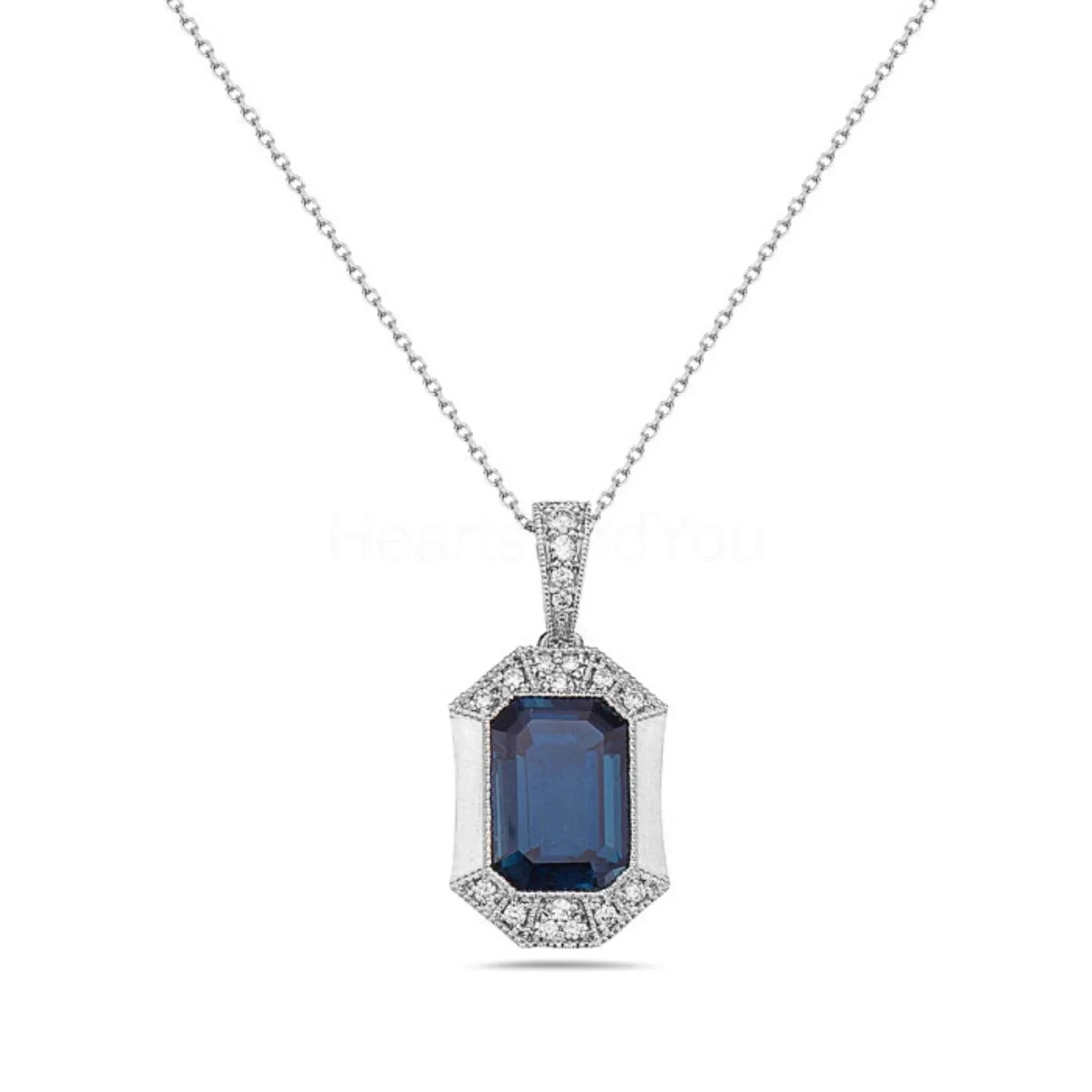 3.ct Natural Sapphire & Diamond Milgrain Pendant 14k Solid White Gold NO CHAIN