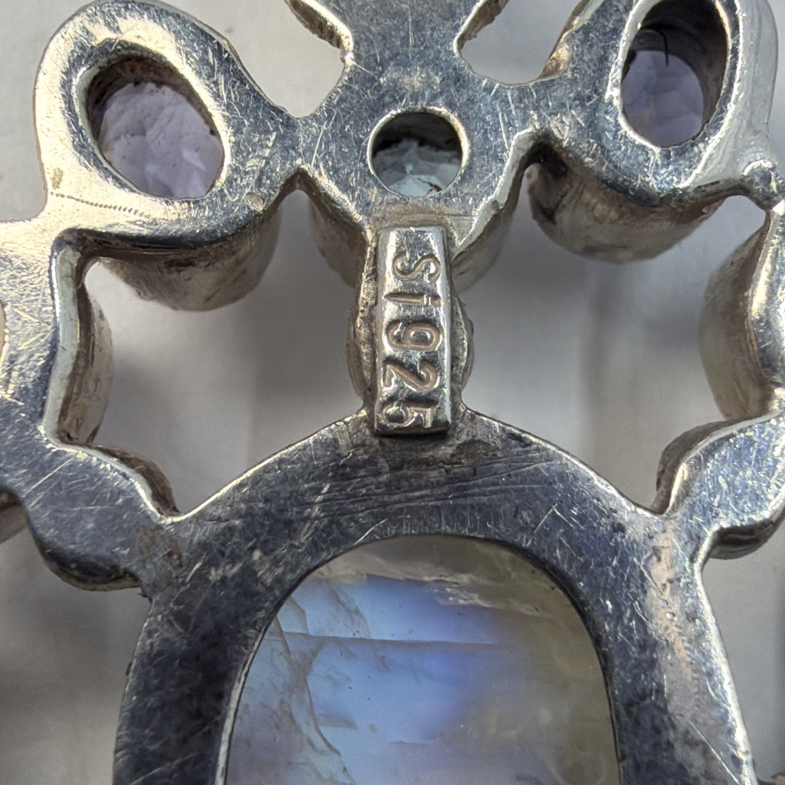 Sterling Silver SJ 925 Moonstone Amethyst Topaz Multi Gem Large Pendant Unique