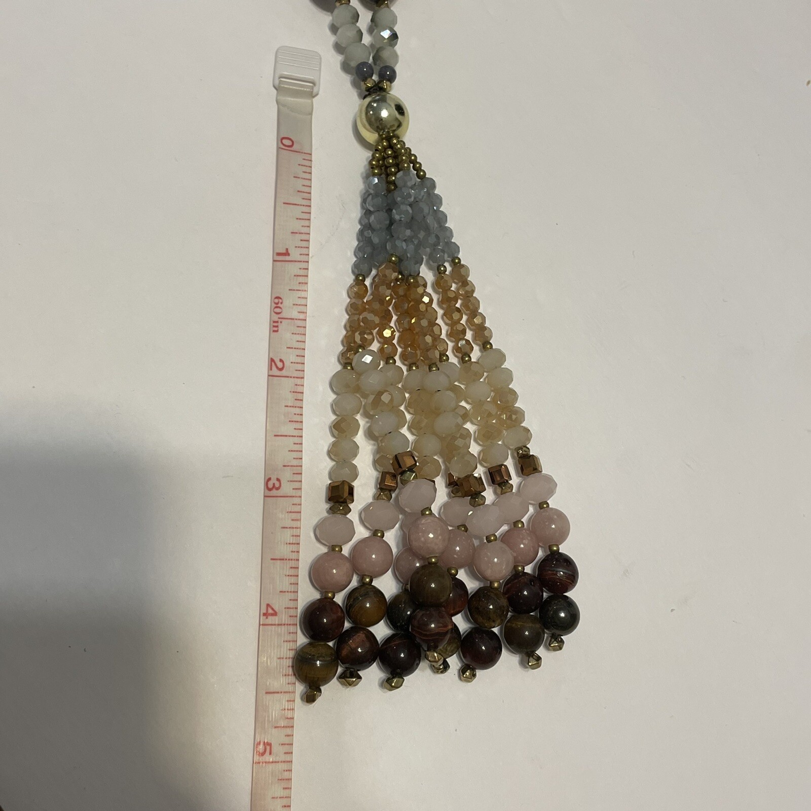 31-36” long tassel Beaded Necklace natural stones smoky rose quartz Tigers eye
