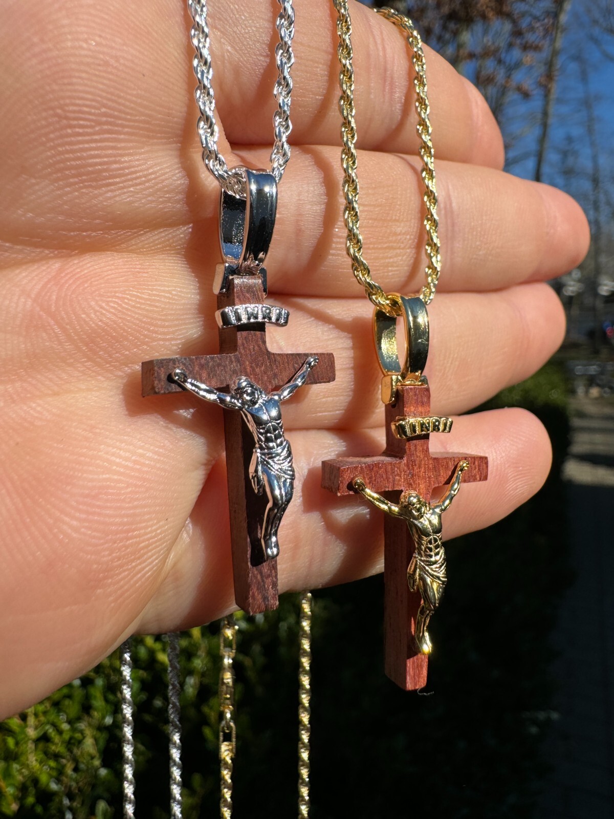 Mens Real 925 Silver Red Cherry Walnut Wood Jesus Cross Pendant Necklace 1.25″