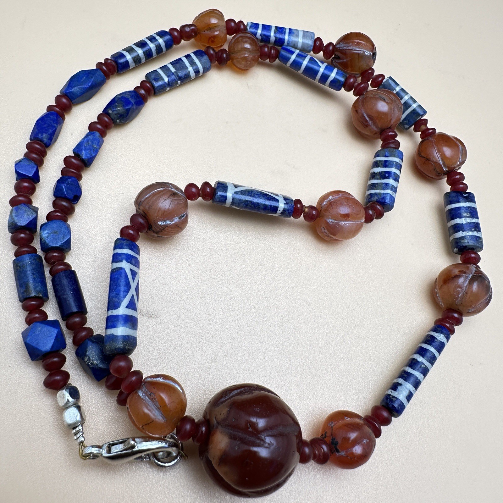 Genuine Antique Etched Lapis Carnelian Pyu Culture Beaded Beautiful Necklace