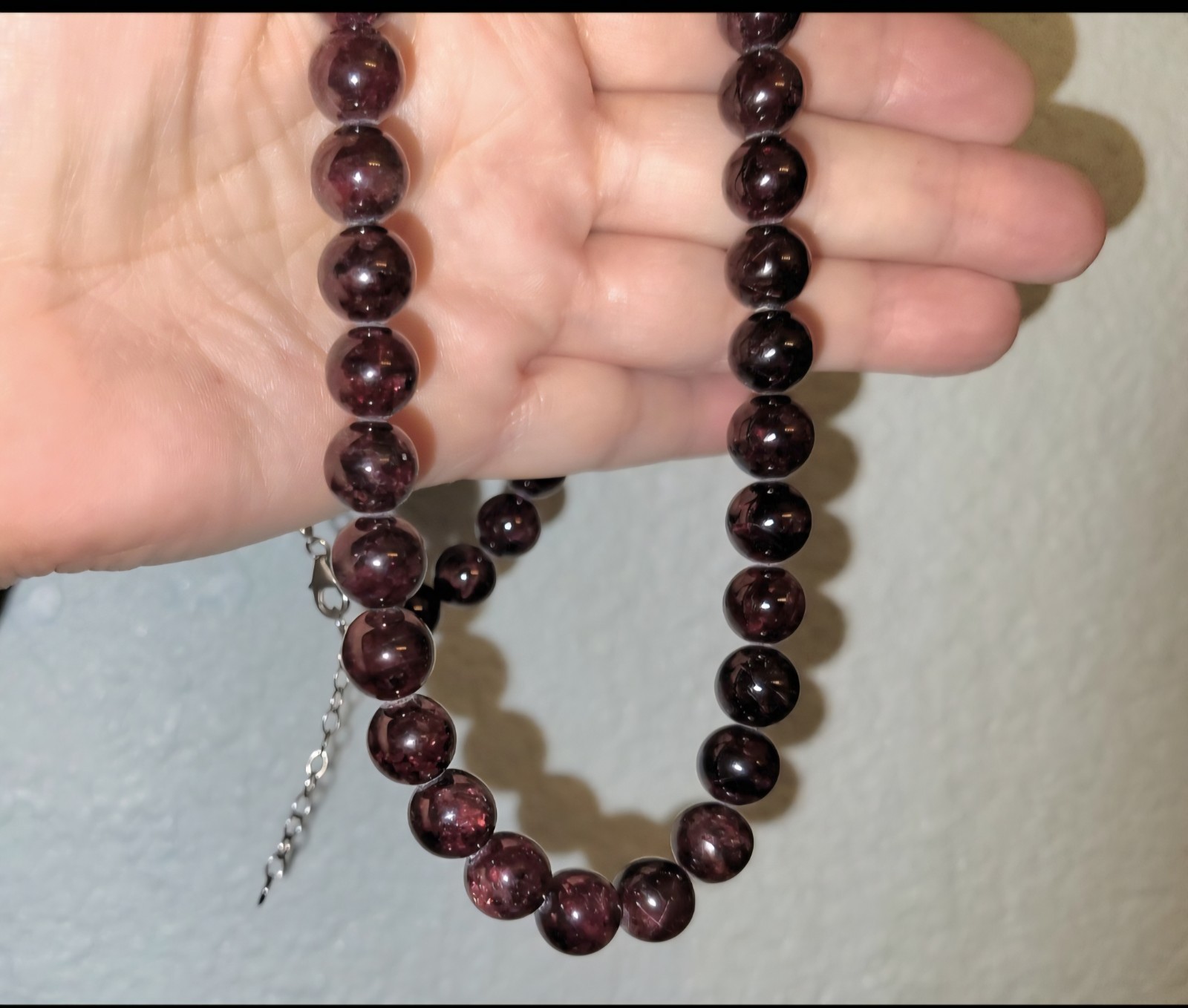 10 Mm 22″ Strand Wine Garnet Necklace 925 Silver