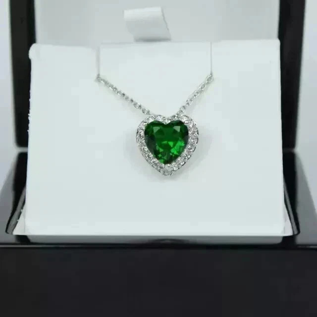 3Ct Lab Created Heart Cut Green Emerald Heart Pendant 14k White Gold Plated