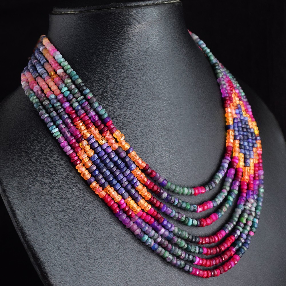 7 Strand 488.Cts Amazing Cut Ruby & Emerald Beaded Necklace Jewelery RK 26 E821
