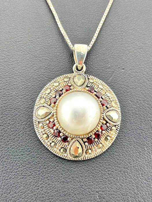 NF THAILAND 925 STERLING SILVER MARCASITE PEARL GARNET NECKLACE 18″ 3679