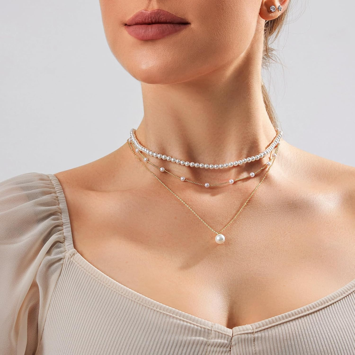 Gold Pearl Necklace for Women, Dainty 14K Gold/Silve Plated Layered Pearl Choker