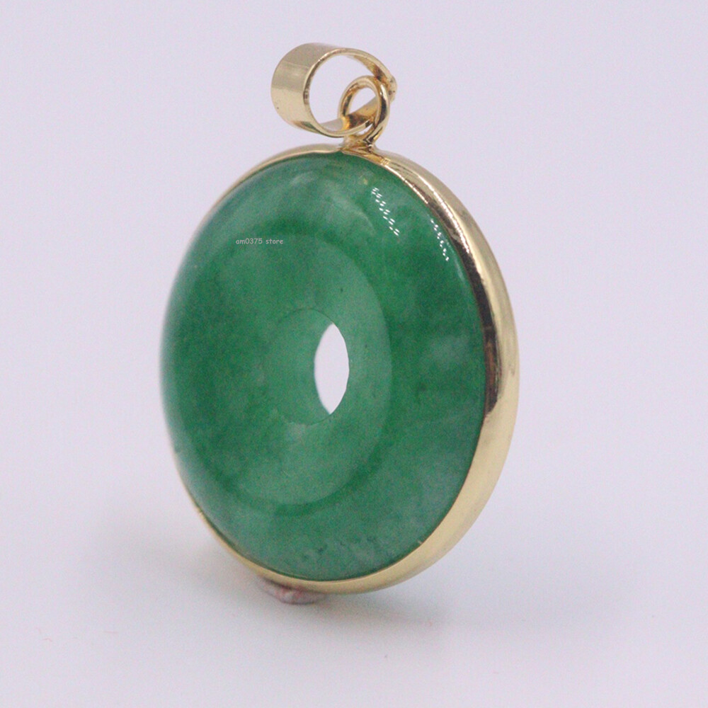 18K Yellow Gold Cover Alloy Handmade Green Jade Round Lucky Pendant 35*26MM