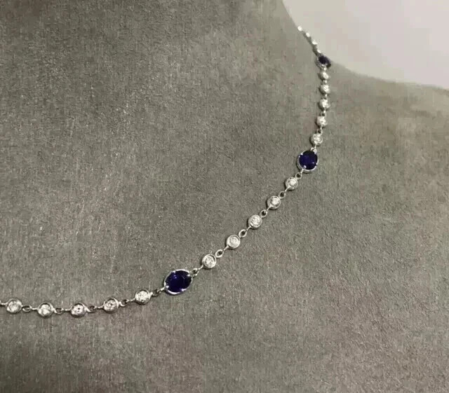 20TCW Oval Lab Created Sapphire & Diamond Tennis Necklace 925 Sterling Silver