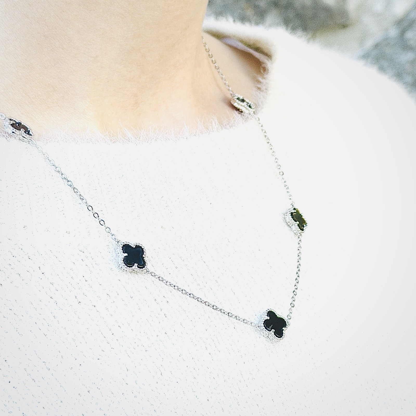 Black Onyx Station Necklace REAL Sterling Silver Minimalist Fine Jewelry
