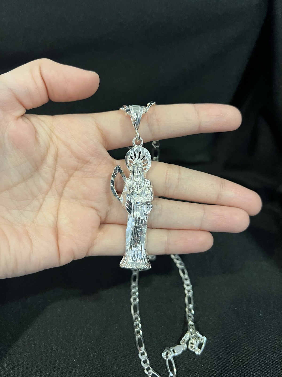 925 Sterling Silver Men Women Big Santa Muerte Grim Reaper Figaro Chain 20 24 30