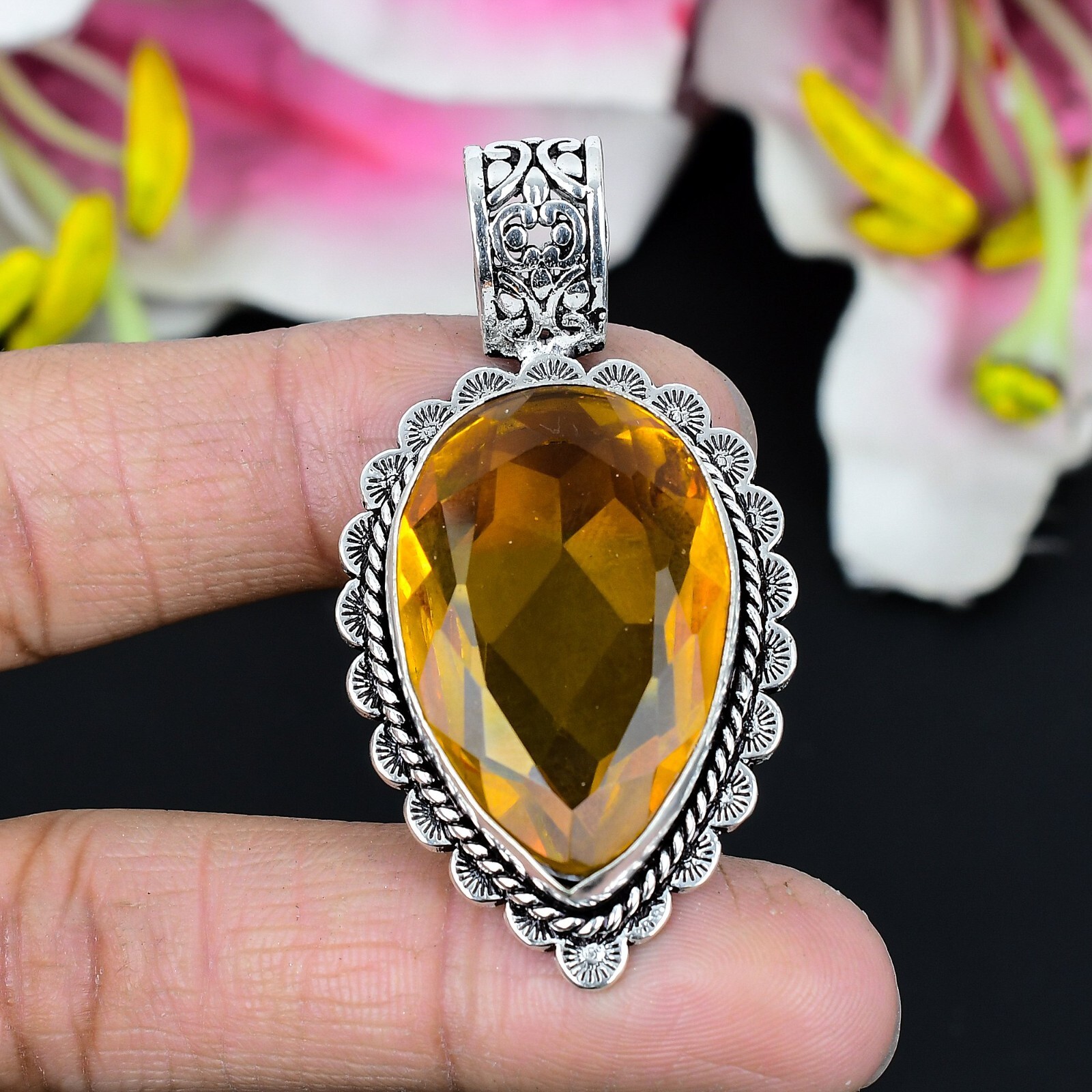 925 Sterling Silver Citrine Gemstone Handmade Jewelry Pendant Gift For Birthday