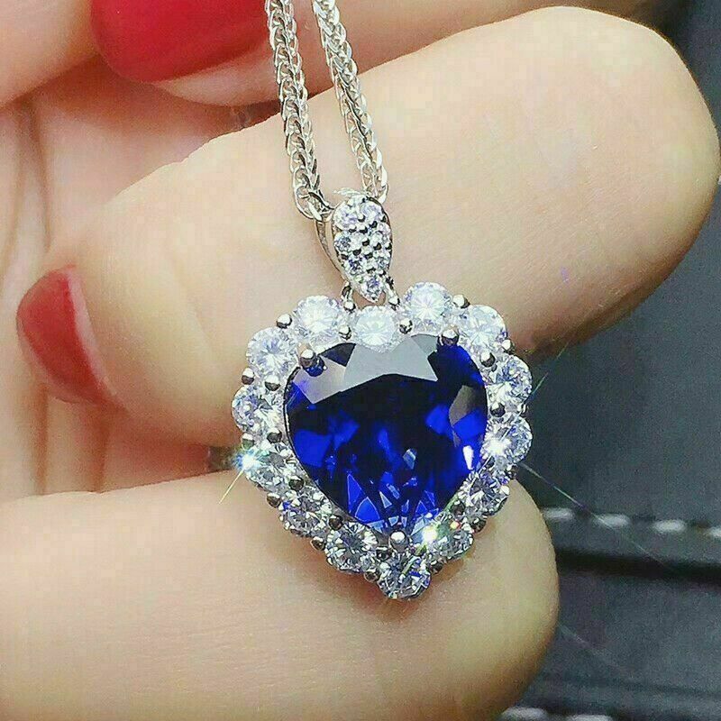 3.00Ct Heart Cut Blue Sapphire Halo Pendant 18″ Free Chain 14K White Gold Finish
