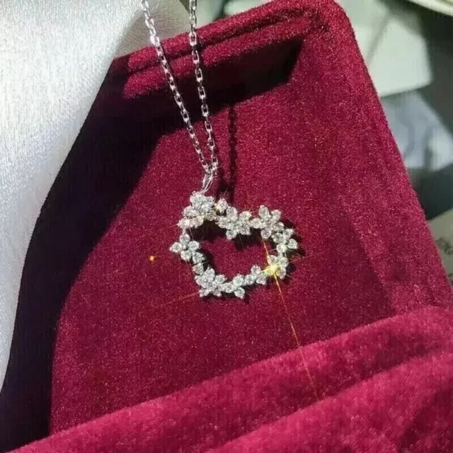 2C Heart Lab Created Diamond Pendant 14K White Gold Over Valentine Gift For Her