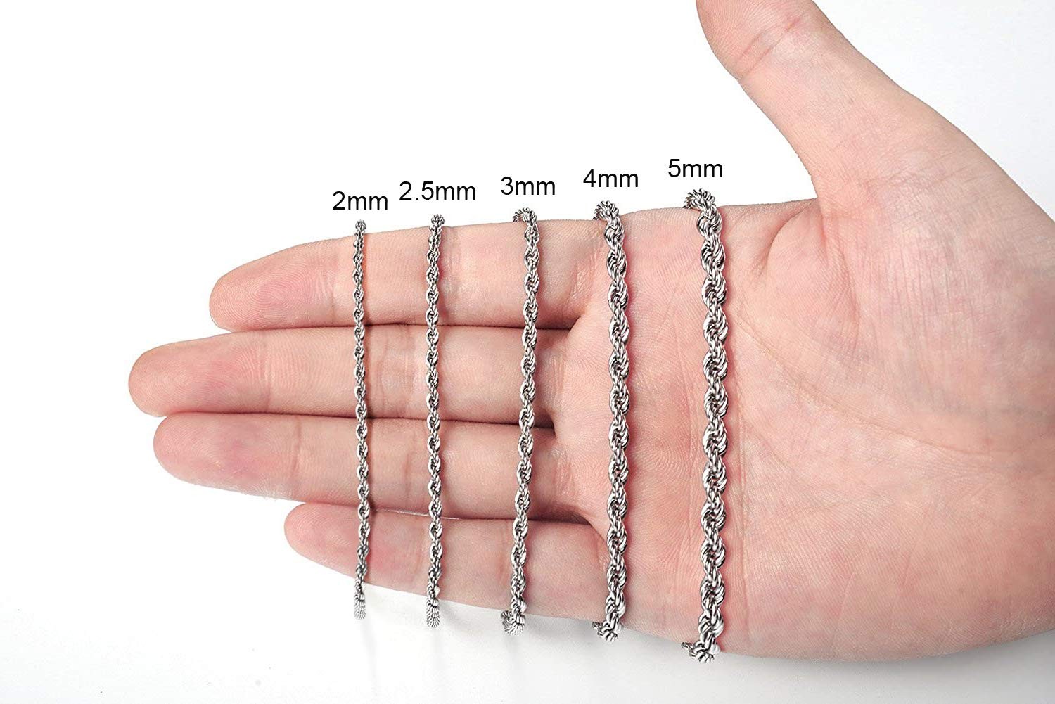 2mm-5mm Stainless Steel Rope Twist Necklace Chain For Men & Women Comes in 16-30