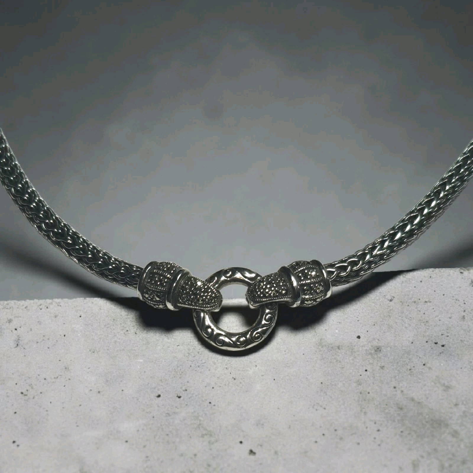 VTG CNA 925 Sterling Silver Marcasite Woven Wheat Chain Front Clasp Necklace 16″