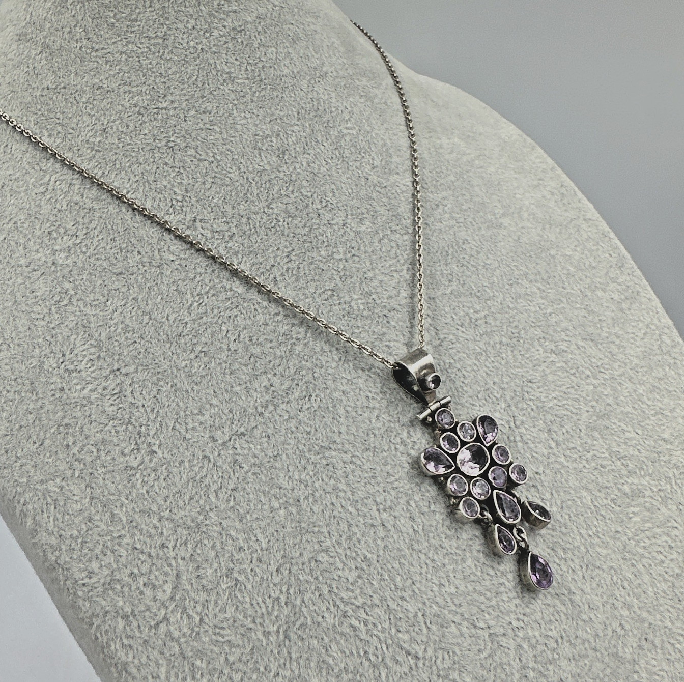 Vintage Amethyst Handmade Sterling Silver Cluster Pendant on 18″ 925 Necklace
