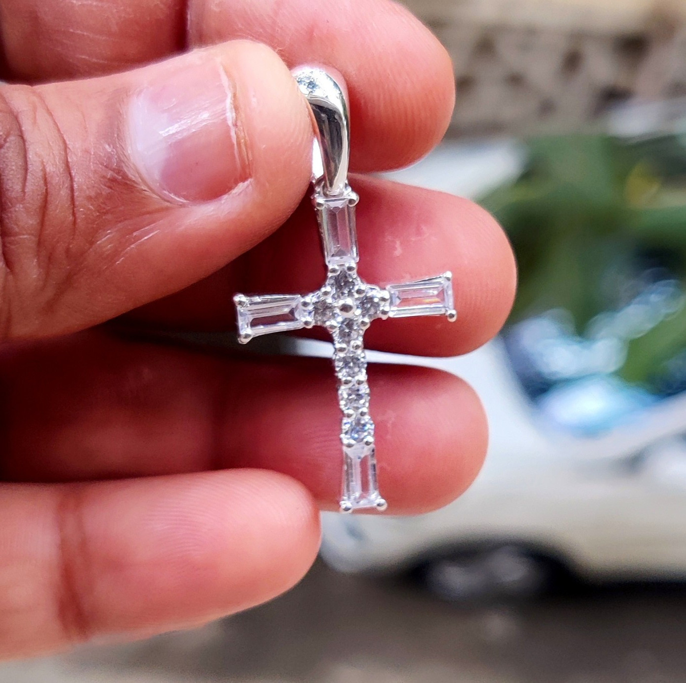 2Ct Bagutte Cut Natural Moissanite Cross Pendant 14K White Gold Plated Silver