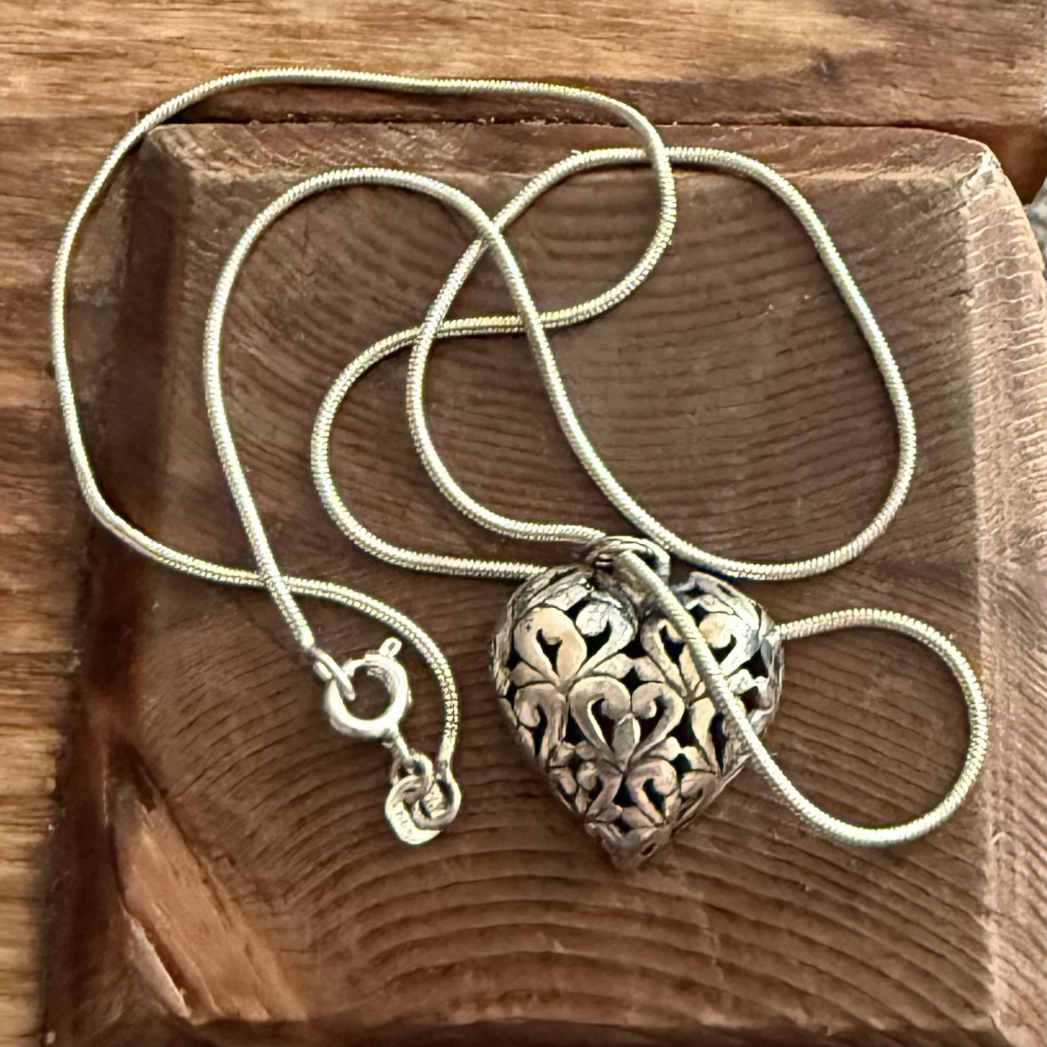 925 Sterling Silver Filigree Heart Pendant with 18” Snake Chain Necklace 925