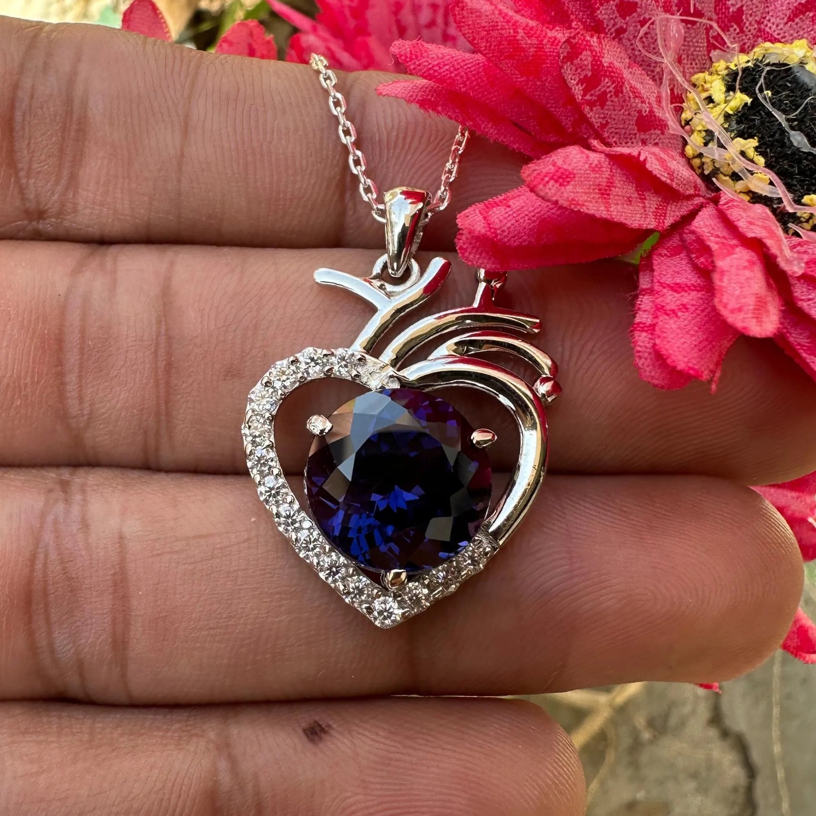 Certified Purple Sapphire 29 Ct Heart Pendant Necklace 925 Sterling Silver