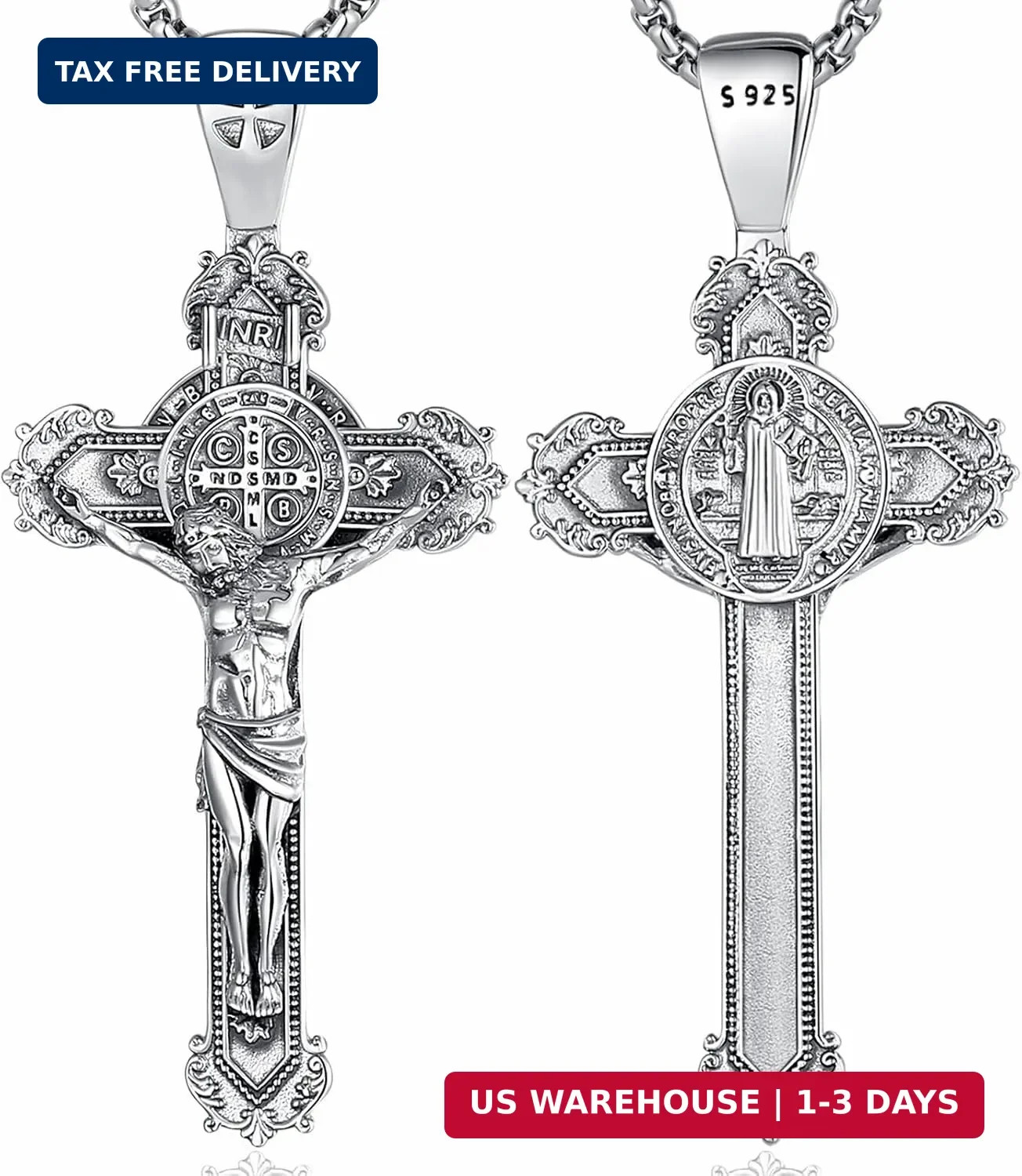 925 Sterling Silver Saint Benedict St Michael Caravaca Cross Necklace