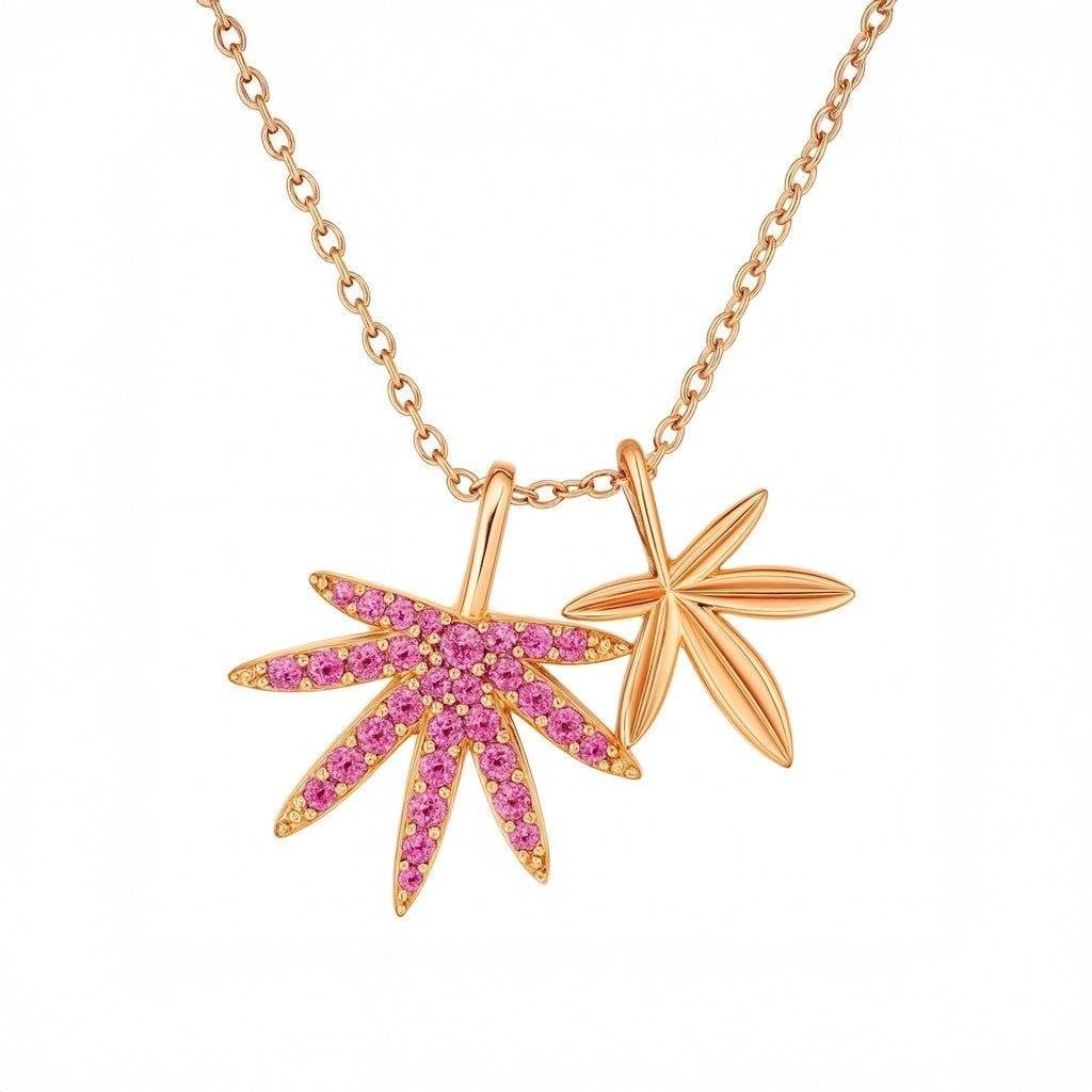 925 Sterling Silver 14K Rose Gold Plated Pink Double Leaf Charm Necklace Her