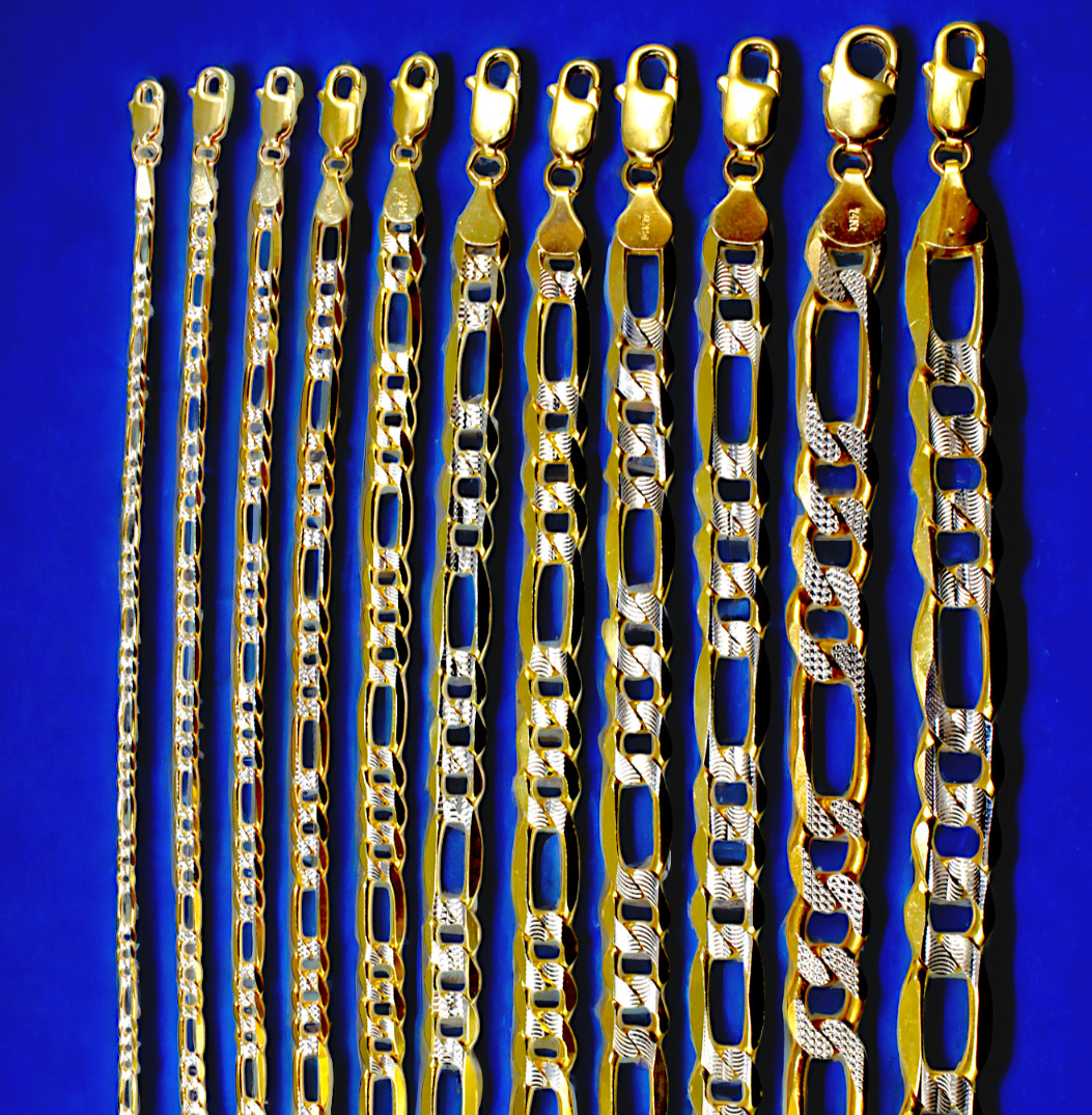14K Yellow Gold SOLID Figaro Pave Necklace Chain Real Gold 2mm-11mm 16″-30″