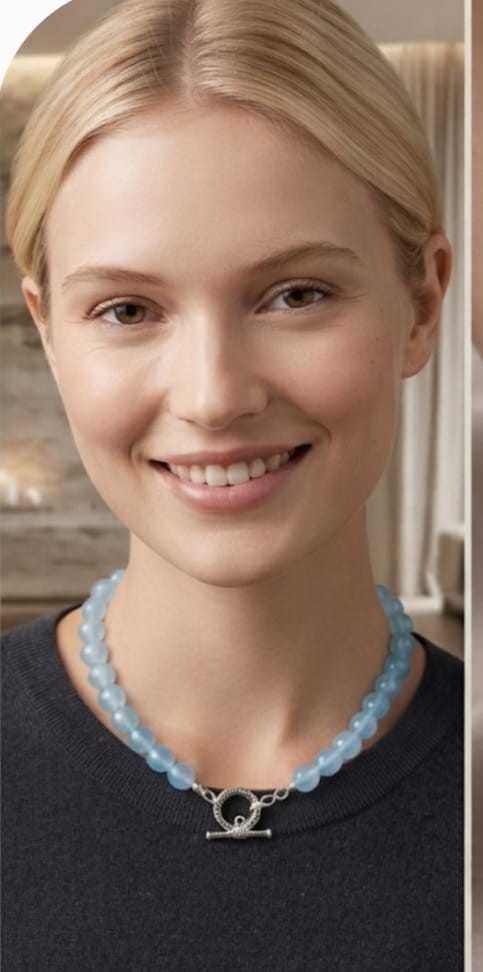 Light Blue Jade Bead Necklace and Bracelet Set Sterling Silver Hamsa Women Gift
