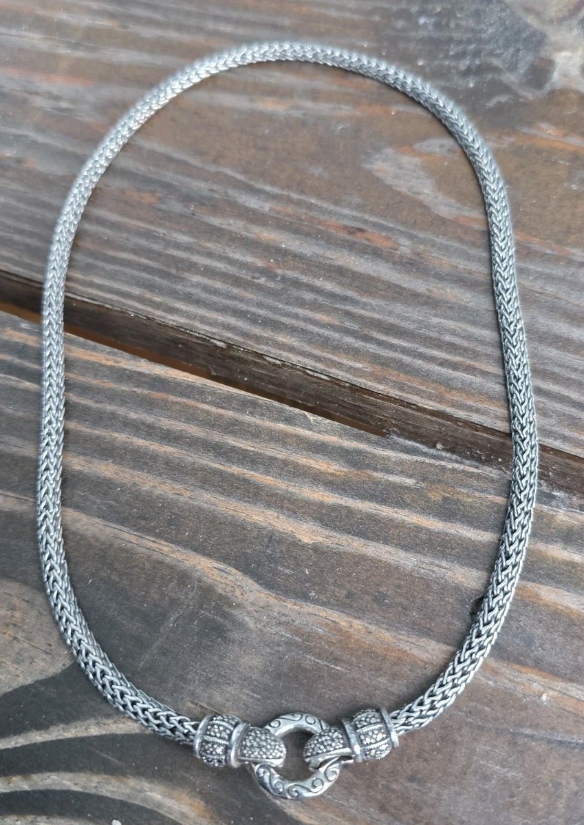 VTG CNA 925 Sterling Silver Marcasite Woven Wheat Chain Front Clasp Necklace 16″