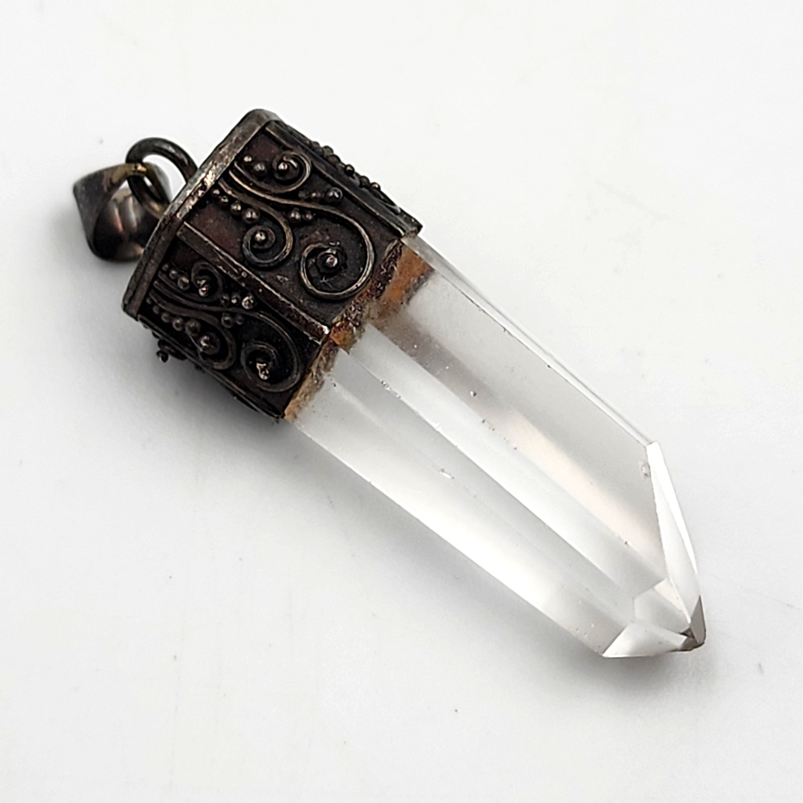 Quartz Point Crystal Pendant Sterling Silver Filigree Cap 1.5 In