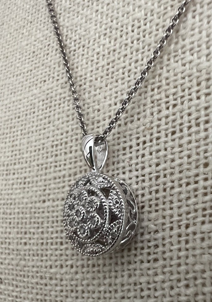 Sterling Silver Diamond Necklace Round Pendant .925 Flower Filigree $200 Retail