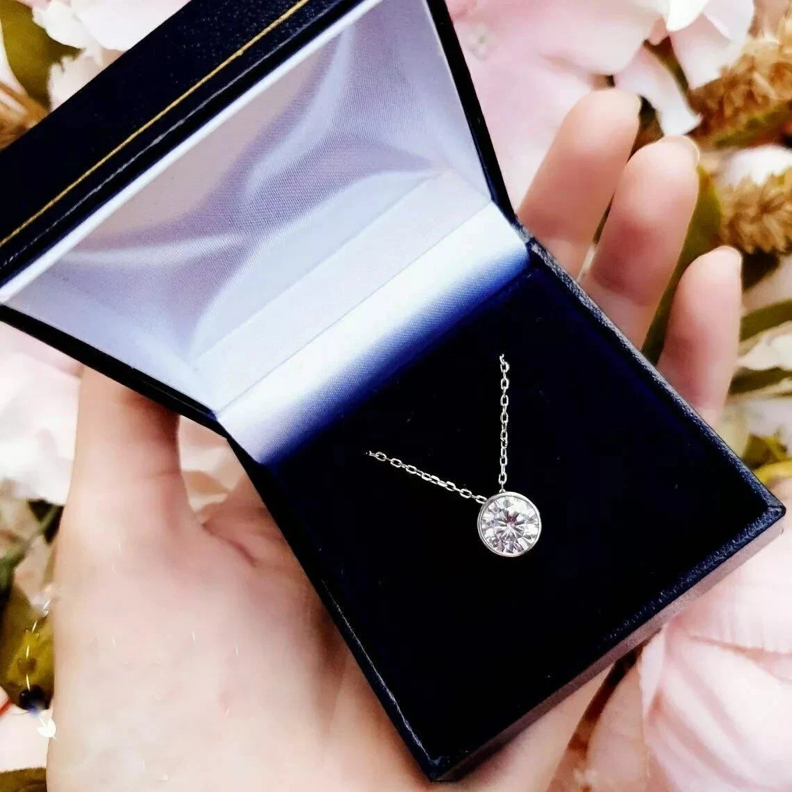 1.00Ct Round Cut Moissanite Bezel Set Pendant 14K White Gold Finish Free Chain