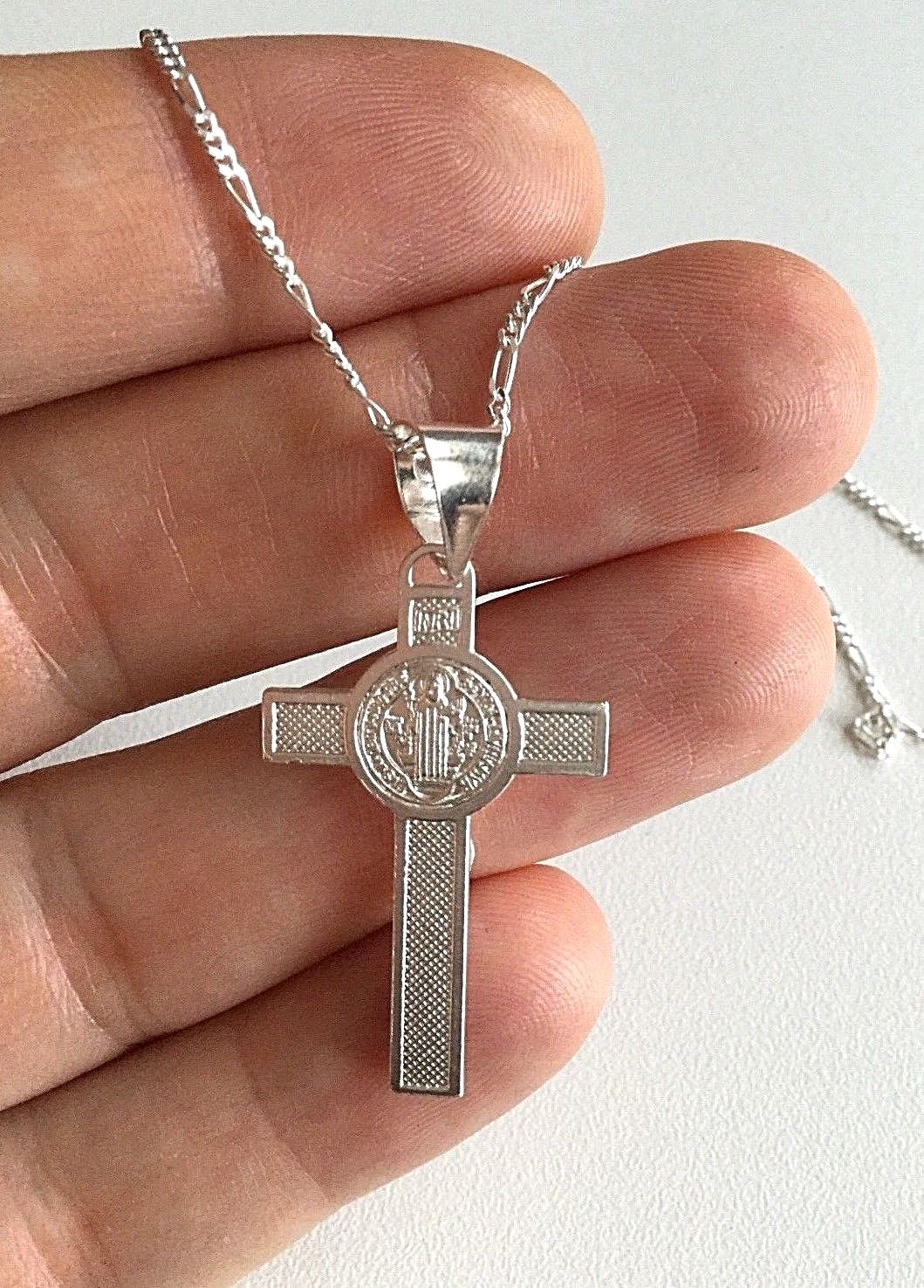 925 STERLING SILVER SAINT BENEDICT CROSS NECKLACE 18″/CADENA DE SAN BENITO-36mm