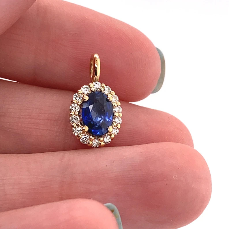8x6mm Lab Created Sapphire 14K Yellow Gold Plated Pendant for Her Free Chain 18″