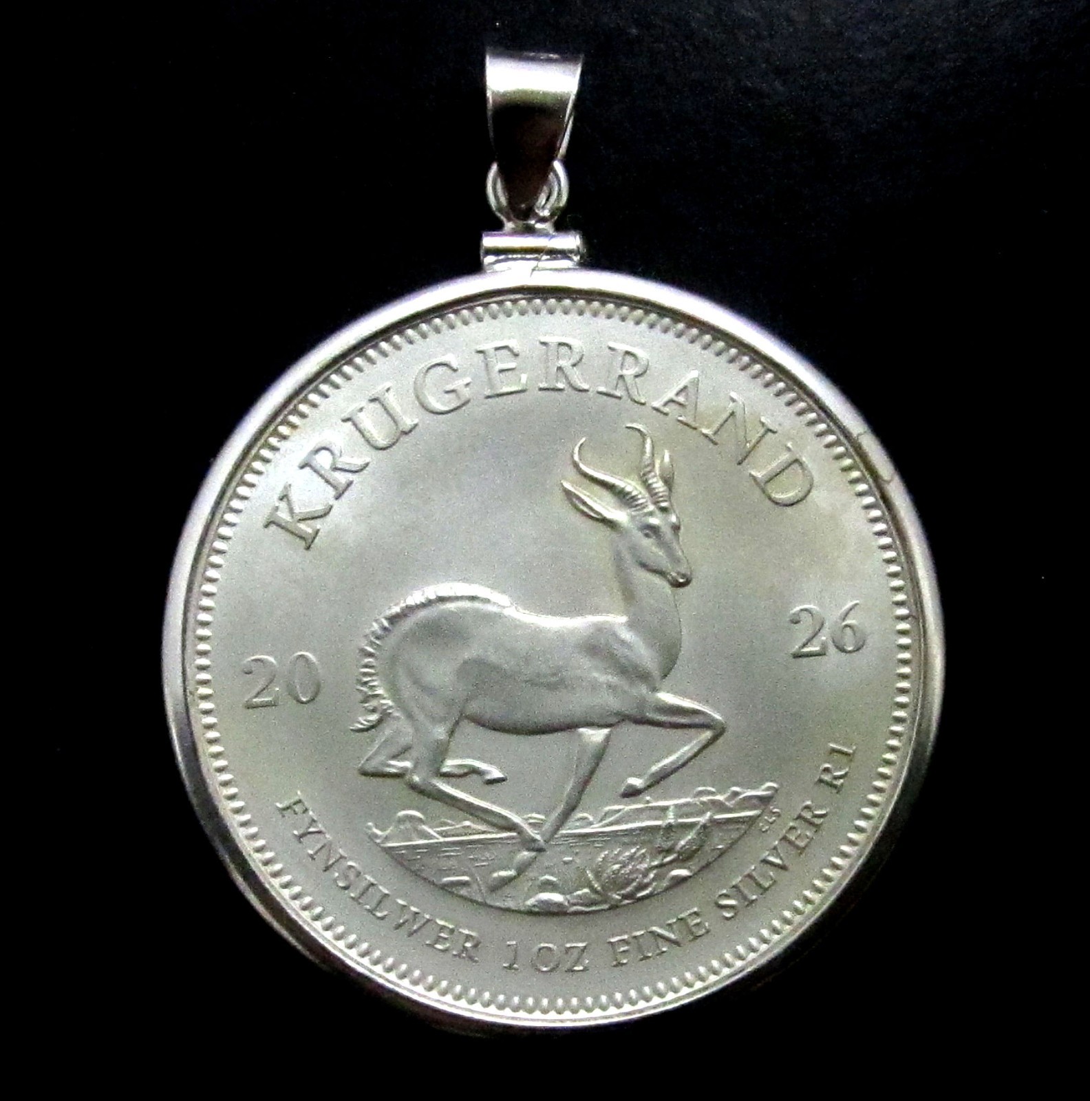 Coin Pendant 1 oz. 2026 Silver Krugerrand Sterling Silver Reeded Bezel and Bail