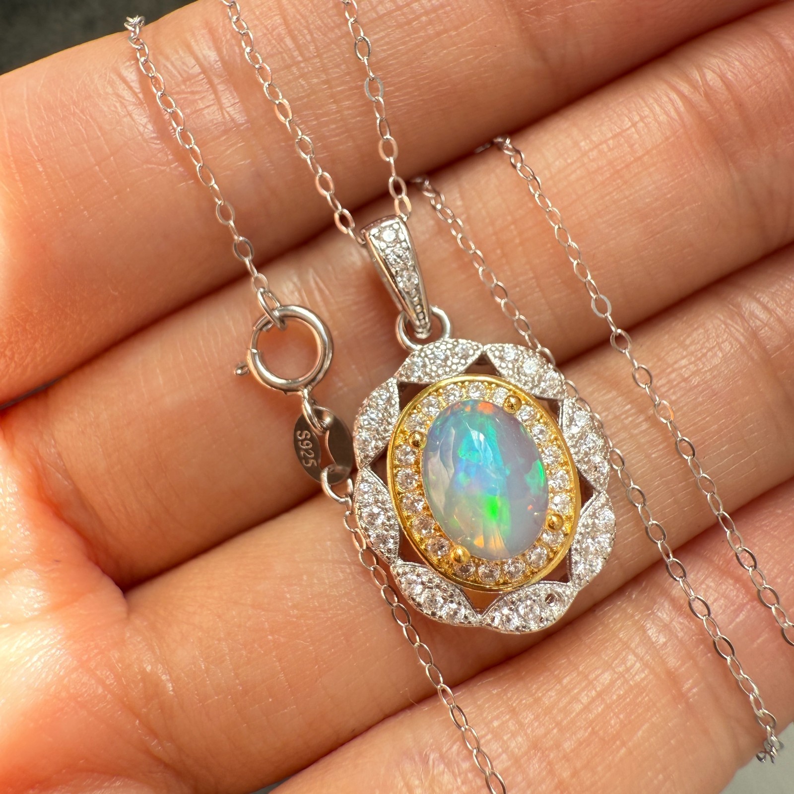 925 Sterling Silver Necklace 8x6mm Natural Opal Handmade Flower Birthstone