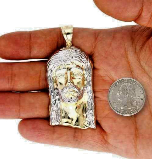 10K Yellow Gold Two Tone Diamond Cut Yellow Gold Jesus Face Charm Pendant 2.68″
