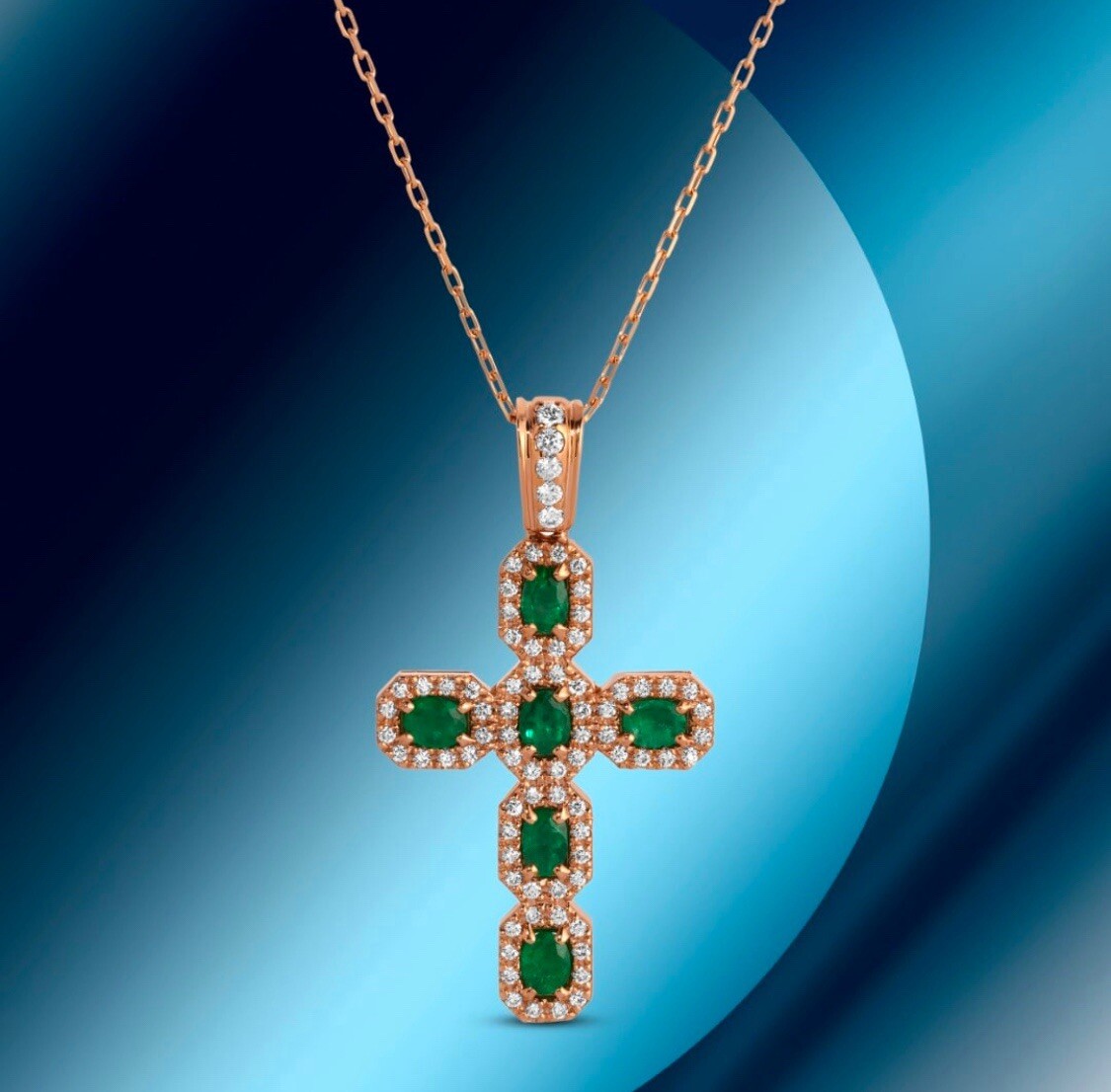 14K Gold 1.22cts Emerald & 0.55cts Diamond Pendant Cross