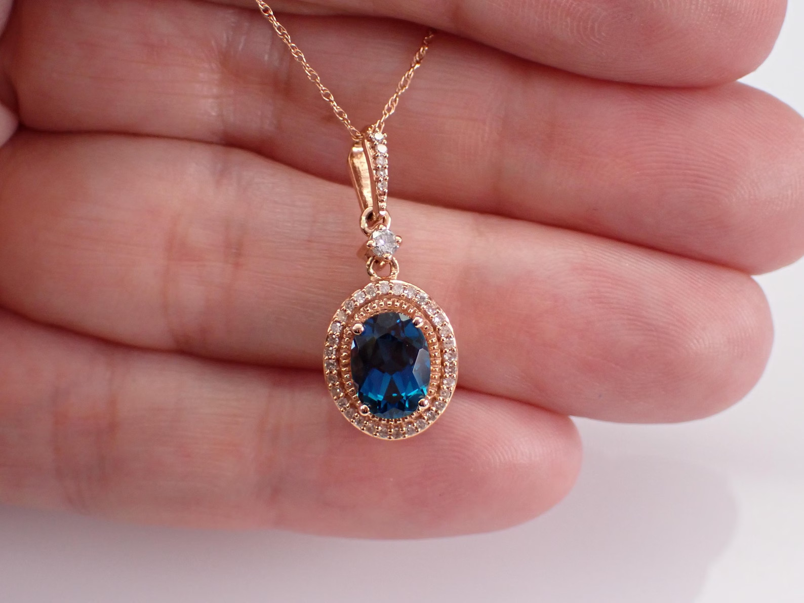 3Ct Ova Lab Created London Blue Topaz Halo Pendant Necklace 14K Rose Gold Plated