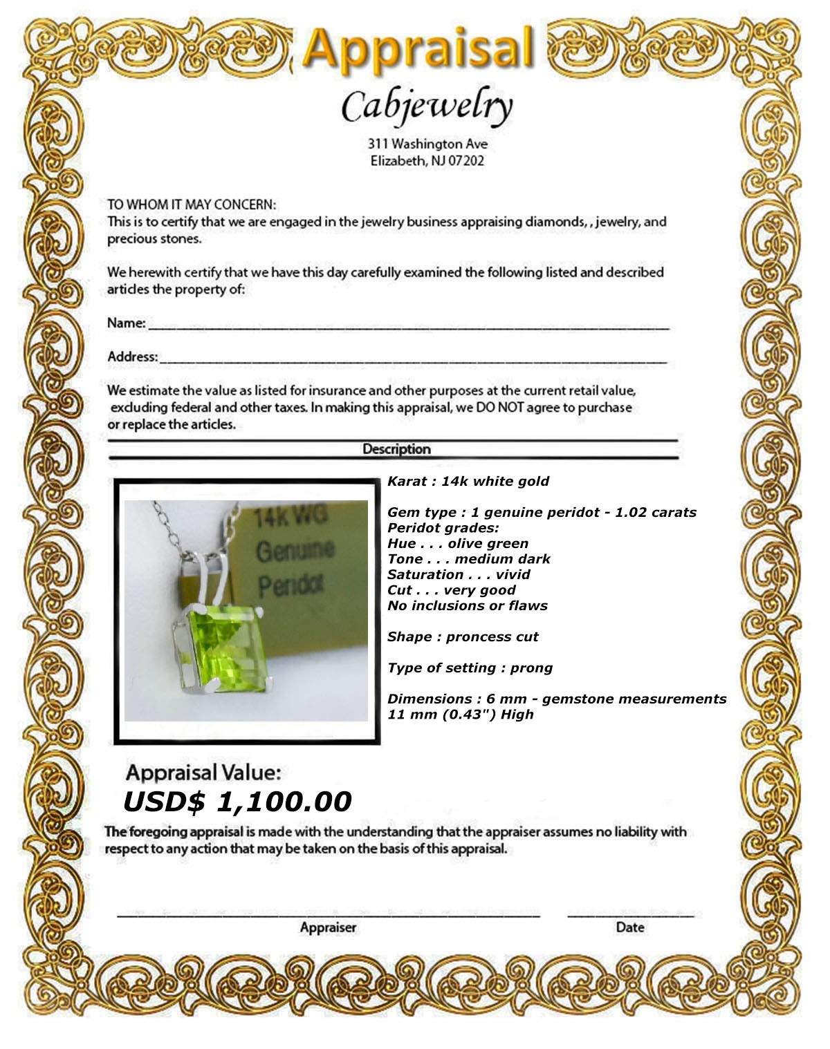 GENUINE 1.02 Cts PERIDOT PENDANT 14K SOLID WHITE GOLD -Free Chain-FREE APPRAISAL