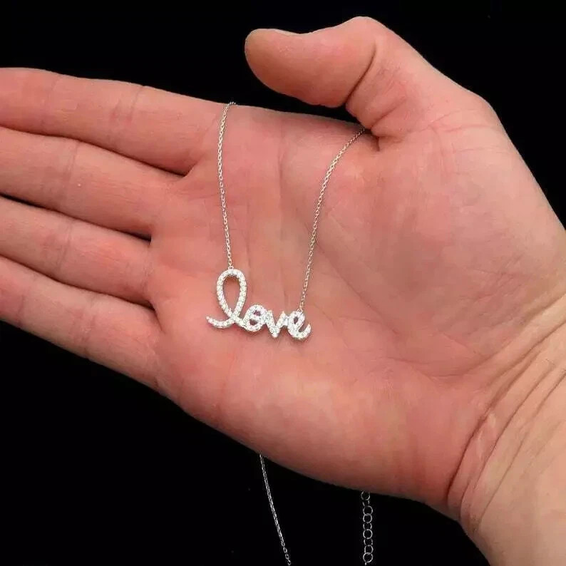 1 Ct Round Diamond Love Pendant Necklace 14k White Gold FN Anniversary Day Gift