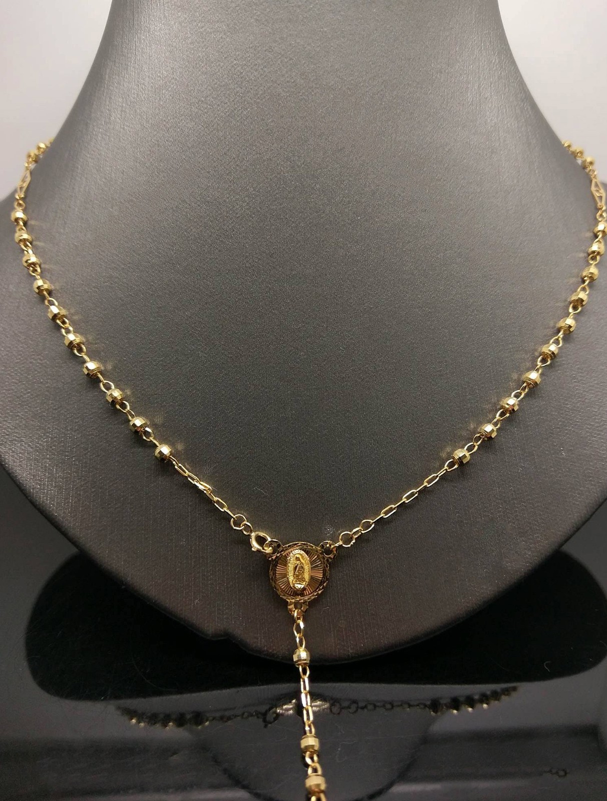 Real 10k Yellow Gold Diamond Cut Jesus Crucifix Beads Rosary Necklace 22″ Oro