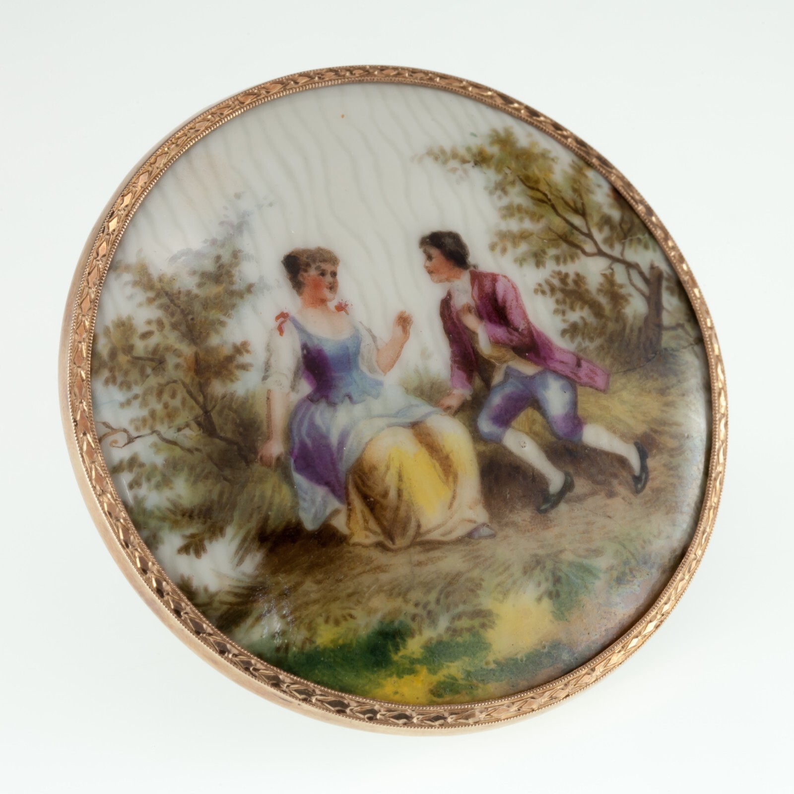 Unique Victorian Hand Painted Porcelain Pendant in 14k Yellow Gold Frame 57mm