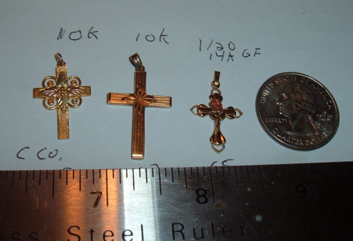 3 ITEMS TOTAL , Black Hills Gold Solid 10K Gold Cross & 14K GF Pendants AS SHOWN