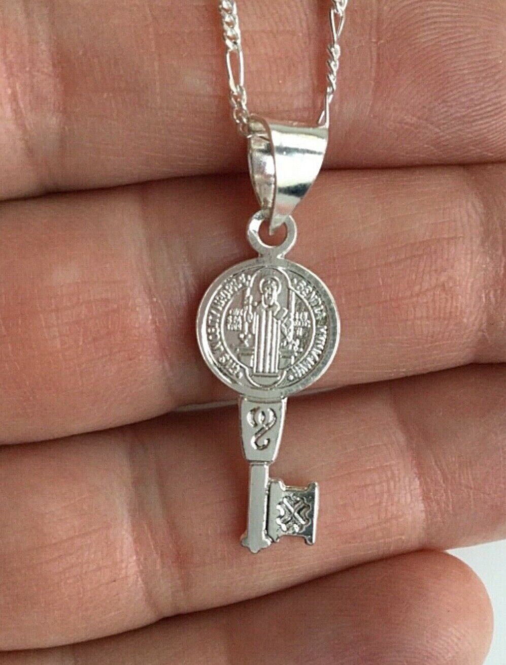 STERLING SILVER SAINT BENEDICT KEY 18″/CADENA DE SAN BENITO LLAVE 18″ – 32x11mm